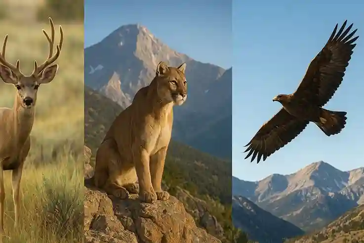 Split illustration of wildlife in Great Basin National Park: a mule deer in sagebrush, a mountain lion on rocky cliffs, and a golden eagle soaring above alpine peaks