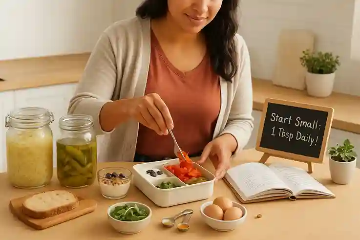A woman practically incorporates fermented foods into meals, adding sauerkraut to toast and kefir to smoothies, with jars of homemade ferments on a sunny kitchen counter.