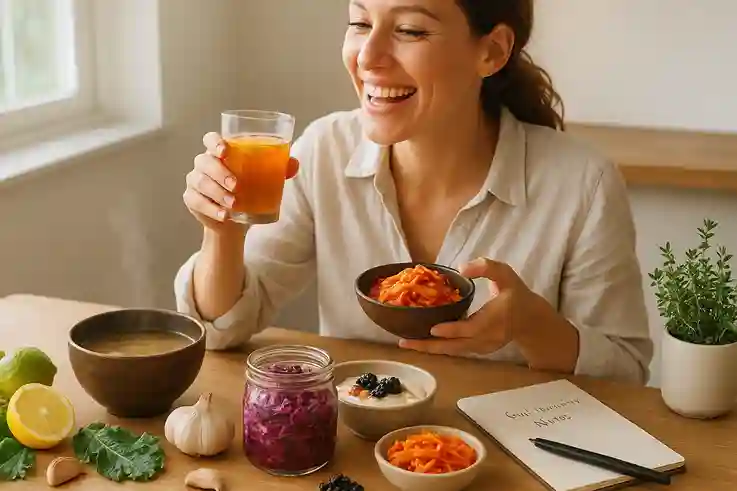 A healthy woman in her 30s enjoys immunity-boosting fermented foods like miso soup, kimchi, and live-culture yogurt in a sunlit kitchen, surrounded by fresh garlic and citrus.