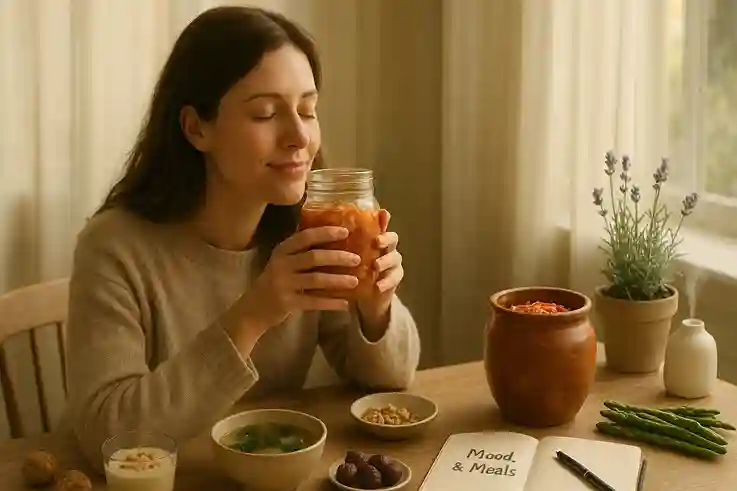 A woman in her 30s enjoys fermented foods like miso soup and kefir in a serene kitchen, surrounded by mood-supporting ingredients, highlighting the gut-brain connection.
