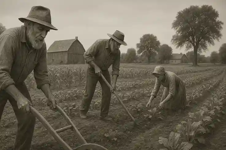 Traditional Farming in the USA with early farmers using wooden tools, hand-plowing fields near a rustic barn.