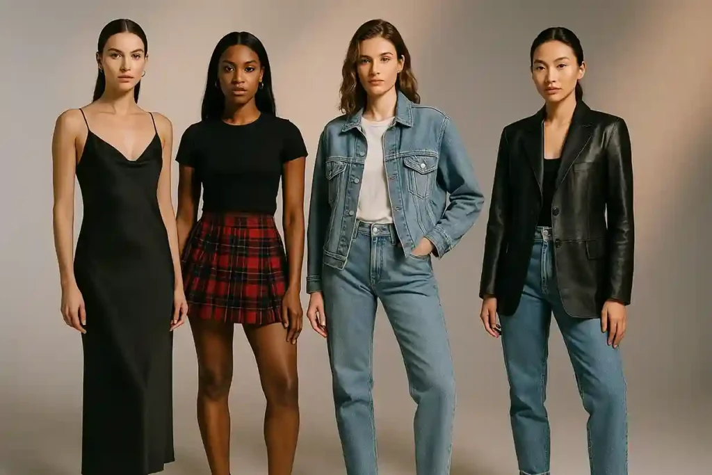 Editorial photoshoot of diverse women styled in iconic 90’s fashion outfits, including slip dresses, plaid skirts, denim jackets, and chunky sneakers, posed against a minimal studio backdrop.