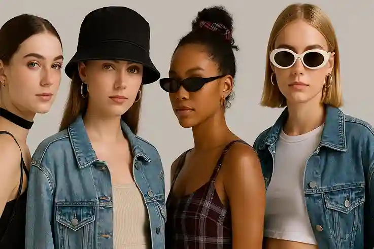 Editorial studio photo of diverse women wearing iconic 90’s accessories, including chokers, hoop earrings, bucket hats, scrunchies, small backpacks, chunky belts, and retro sunglasses, styled with crop tops, plaid skirts, slip dresses, and oversized denim jackets.