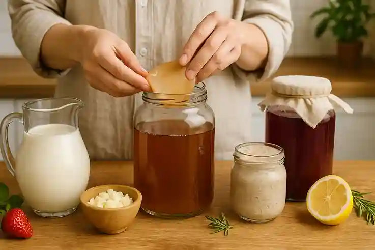 Add Starter Culture to Begin Fermentation A person adding a SCOBY to a jar of tea, with kefir grains and other starter cultures displayed beside milk and juice, showing how to make fermented drinks at home.
