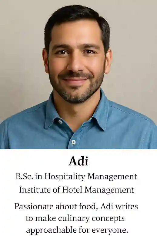 Professional headshot of Adi, a late-30s male food blogger in a light blue shirt, smiling with a warm, approachable expression.
