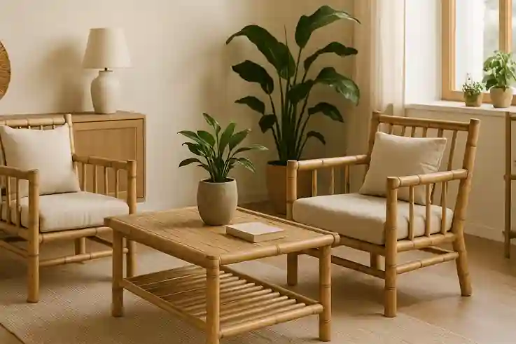 Bamboo Adds Strength to Eco Friendly Homes Modern living room showcasing strong and elegant bamboo furniture with eco-friendly decor and indoor plants.