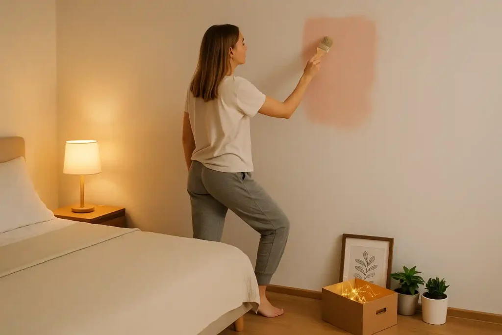 Bedroom Wall Decor Ideas with a young woman casually painting her cozy wall in soft colors, starting a creative home makeover.