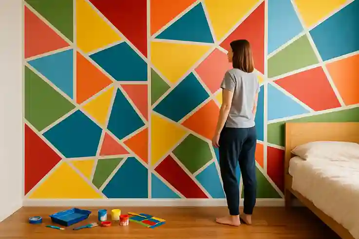 Bedroom Wall Decor Ideas with a woman admiring a full wall covered in bright geometric shapes like triangles and hexagons.