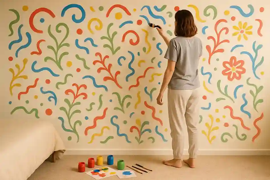 Bedroom Wall Decor Ideas with a woman painting a full wall freehand in red, blue, green, and yellow patterns.
