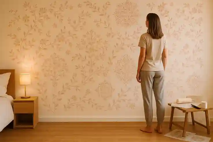 Bedroom Wall Decor Ideas with a woman admiring a freshly stenciled wall featuring romantic floral patterns in soft colors.