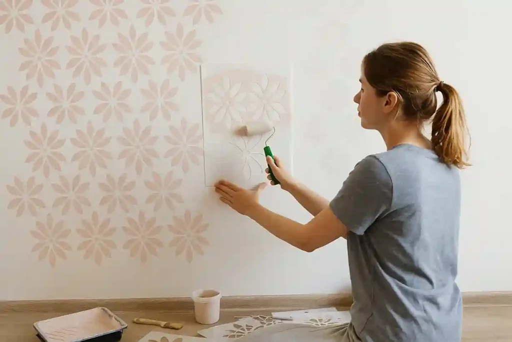 Bedroom Wall Decor Ideas with a woman using stencils to paint clean geometric patterns on a cozy bedroom wall.