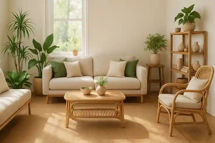 Benefits of Choosing Sustainable Home Decor Bright living room with sustainable home decor featuring bamboo furniture, organic fabrics, jute rugs, and indoor plants for a healthy eco-friendly home.