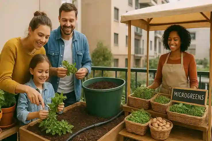 Benefits of Micro Farming Family harvesting fresh produce, eco-friendly composting, and local sales showing benefits of micro farming.