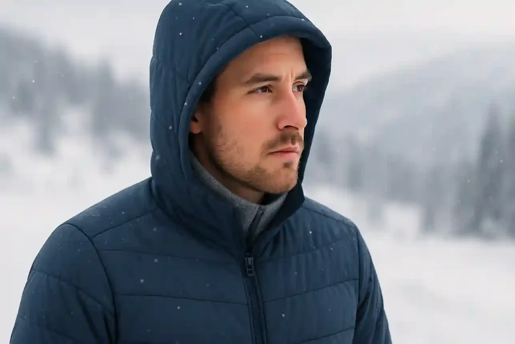 Person wearing synthetic winter clothing outdoors in snow, showing warmth and practicality as one of the best fabrics for cold weather