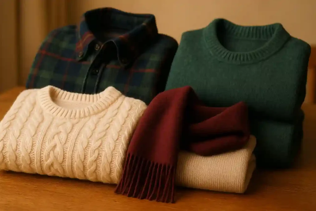 Best fabrics for cold weather like wool, cashmere, and flannel shown in cozy winter outfits that feel warm and luxurious