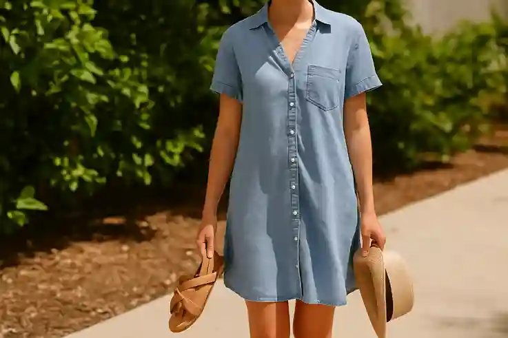 Person wearing a lightweight chambray outfit outdoors, showcasing one of the best fabrics for humid weather.