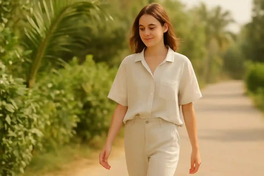Person wearing a light cotton outfit outdoors, showing why cotton is one of the best fabrics for humid weather.