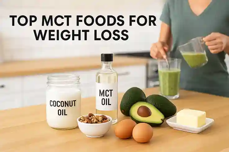 Display of MCT Foods for Weight Loss like coconut oil, avocados, and nuts on a kitchen counter