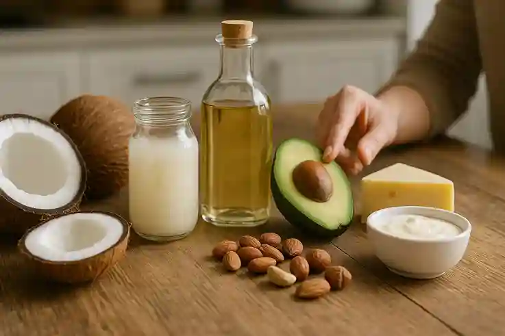 Natural sources of MCT foods like coconuts, avocado, nuts, cheese, and yogurt displayed on a rustic kitchen table.