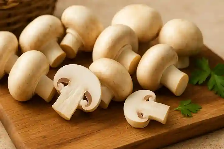 Fresh button mushrooms, whole and sliced, arranged on a wooden surface with fresh herbs.