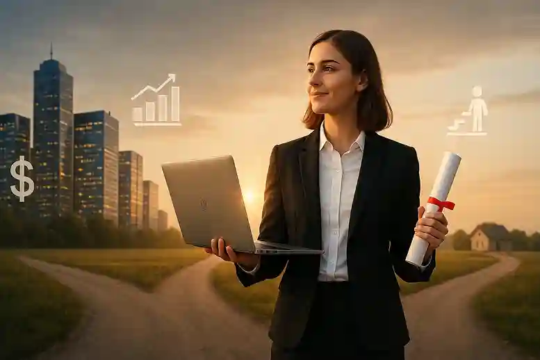 Career Value Does Online College Pay Off for Graduates A confident graduate holding a laptop and diploma, standing at a crossroads of career paths, symbolizing the question does online college pay off.