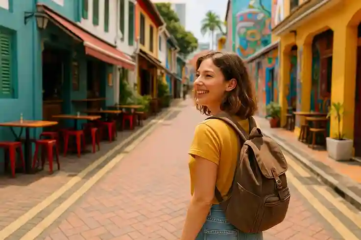 Traveler exploring a vibrant city on a budget, enjoying an affordable city escape, one of the best cheap vacation ideas.
