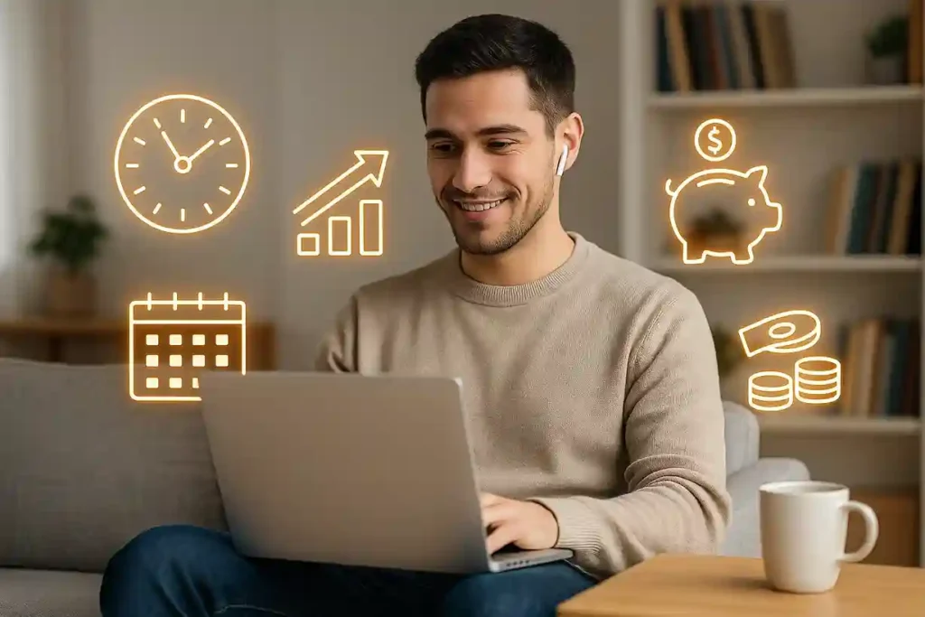 Student studying on a laptop at home with icons of money and time, symbolizing Online College Benefits.