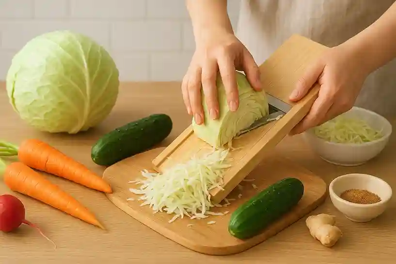 ChatGPT Image Sep 5, 2025, 06_36_30 PM_11zon Hands washing, peeling, and shredding fresh cabbage, carrots, cucumbers, and radish on a cutting board, with garlic, ginger, and spices nearby, preparing vegetables for homemade fermentation.
