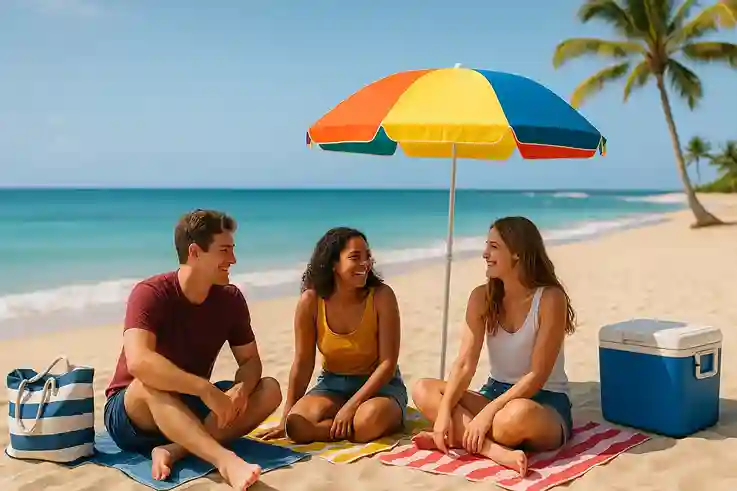 Friends relaxing on a sunny beach with towels, umbrella, and cooler, enjoying one of the best cheap vacation ideas.