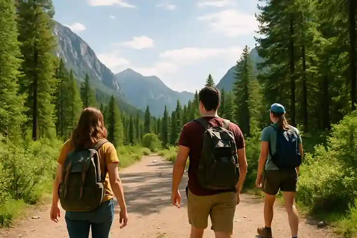 Travelers hiking in a scenic national park with minimal gear, enjoying an affordable outdoor adventure, one of the best cheap vacation ideas.