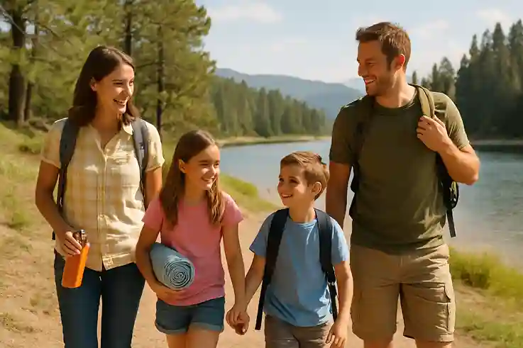 Happy family enjoying a budget-friendly outdoor vacation in a national park, one of the best cheap vacation ideas.