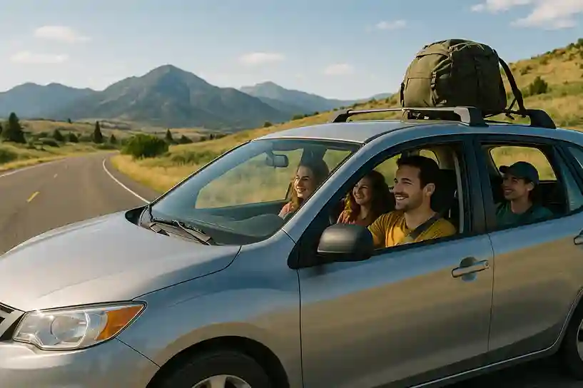 Friends enjoying a budget-friendly road trip in a compact car along a scenic highway, one of the best cheap vacation ideas.