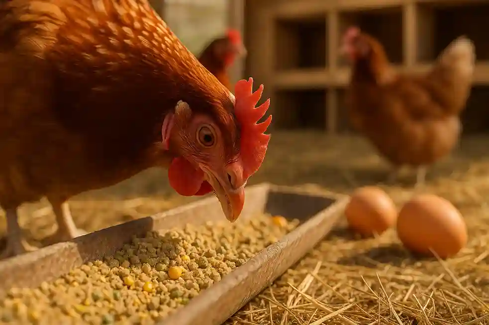 Healthy hen eating nutrient-rich feed with vitamin pellets, other hens laying eggs in sunny coop – Chicken Vitamins for thriving hens
