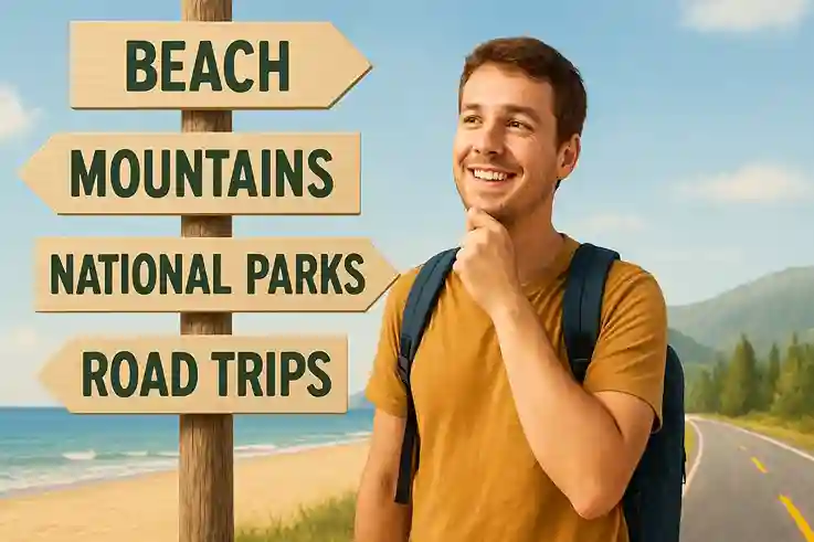 Traveler standing by a signpost pointing to budget-friendly vacation options like beaches, mountains, national parks, and road trips.