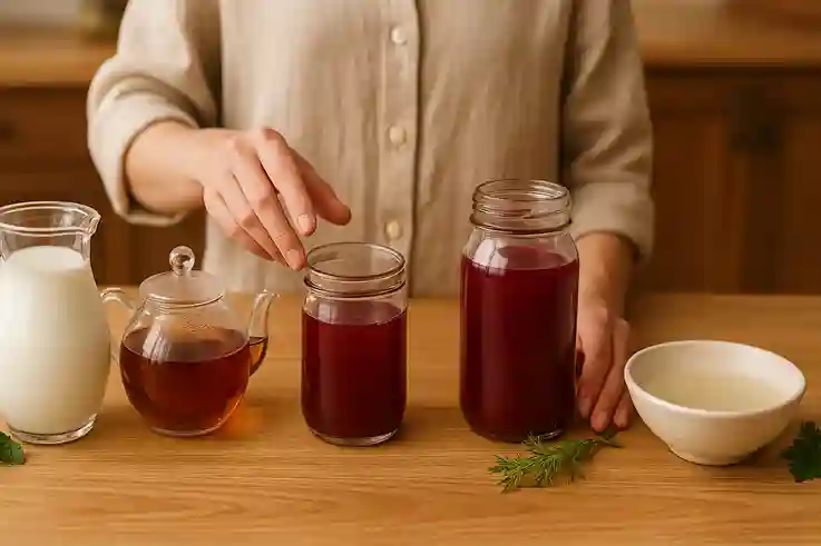 Choose Your Base for Homemade Fermented Drinks A kitchen counter with milk, tea, beet juice, and coconut water displayed as base liquids for fermented drinks, with hands selecting one option.