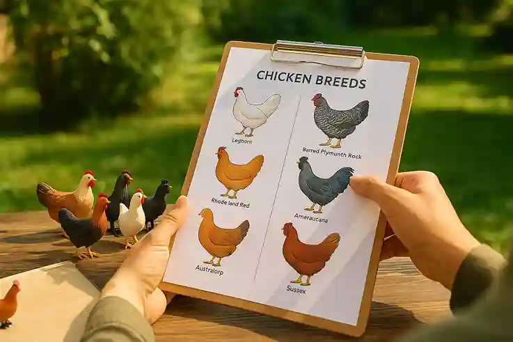 Person reviewing charts and illustrations of different chicken breeds on a clipboard in a sunny backyard, planning for backyard chickens.