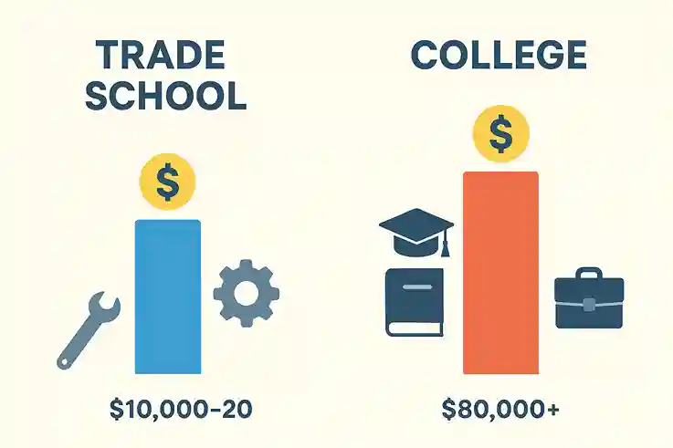 Cost of Education Trade School vs College Infographic comparing trade school costs, including tuition and tools, with college costs like tuition, housing, and textbooks.