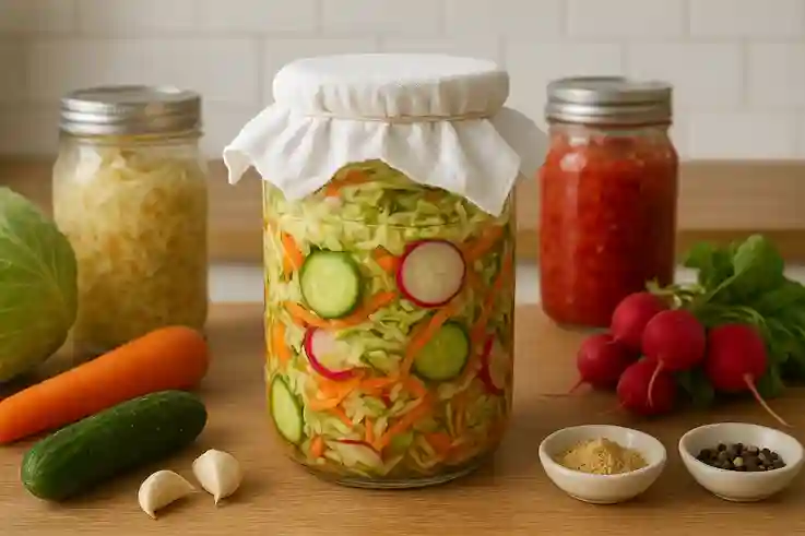 Covering Jars for Homemade Fermented Vegetables A glass jar of chopped cabbage, carrots, cucumbers, and radish submerged in brine, covered with a clean cloth to allow airflow while preventing contaminants, ready for DIY sauerkraut or kimchi at home.