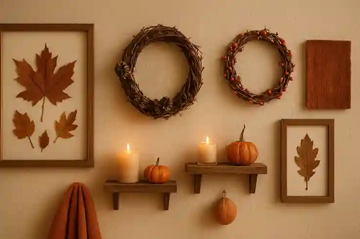 Cozy Autumn DIY Wall Decor Ideas Autumn DIY wall decor with pressed leaves, pinecone wreaths, and warm fabric accents for a cozy home.