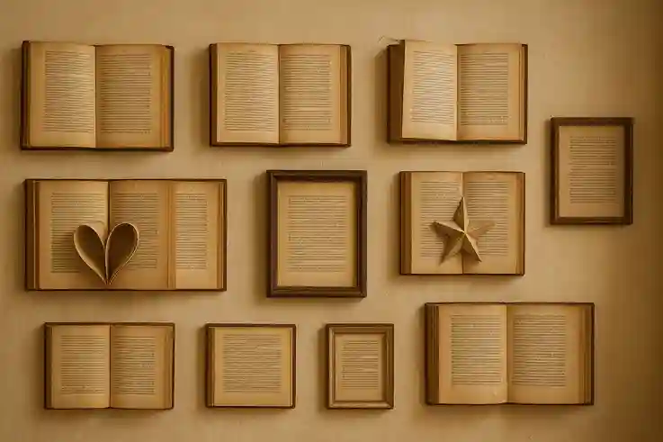 Creative DIY Wall Decor with Old Books DIY wall decor using old books, folded pages, and framed book pages in a vintage-style arrangement.