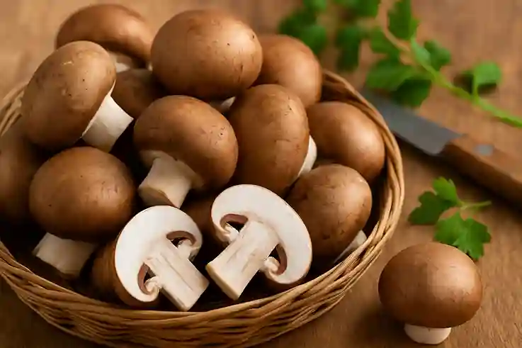 Fresh cremini mushrooms, whole and sliced, arranged on a wooden surface with fresh herbs.
