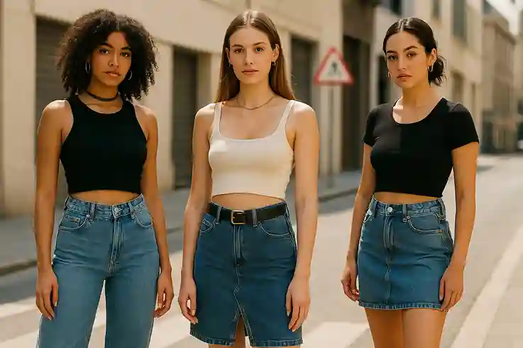 Crop Tops and High-Waist Combos That Define 90’s Fashion Street-style fashion photo of diverse women wearing 90’s-inspired crop tops with high-waisted jeans, denim skirts, and wide-leg trousers, accessorized with chokers, hoop earrings, and chunky sneakers on a sunny urban street.