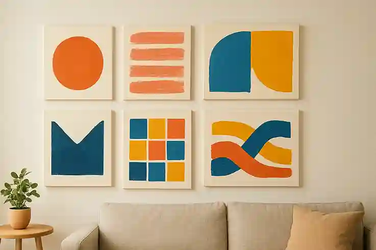 DIY Canvas Wall Art with Bold Colors and Patterns DIY canvas wall art with bold colors, abstract strokes, and stencil designs arranged in a living room.