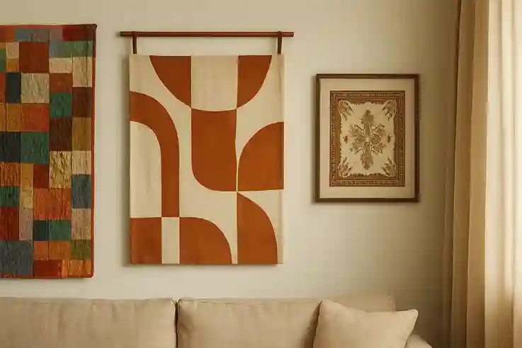 DIY Fabric Scrap Wall Art for Cozy Interiors DIY fabric wall art made from patchwork, framed scarves, and hanging fabric panels.