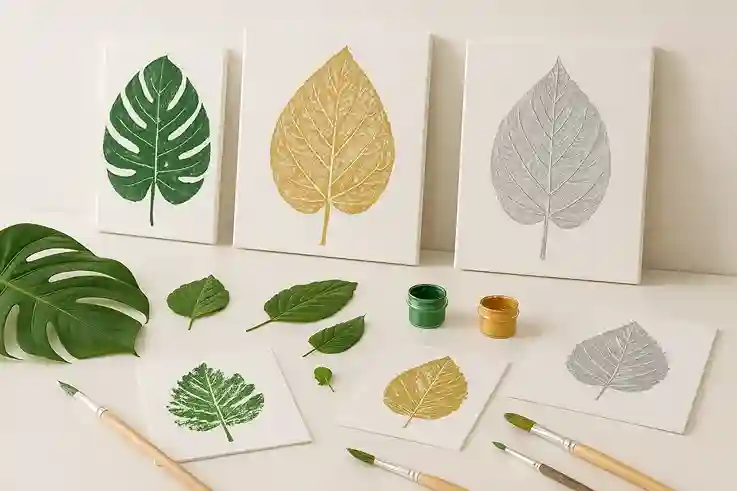 DIY Leaf Print Wall Art on Canvas DIY leaf print wall art using fresh leaves painted in green and metallic tones on canvas.