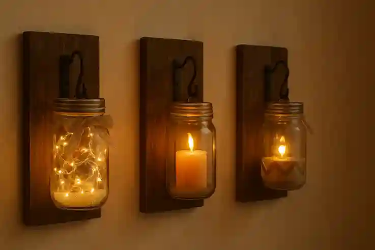 DIY Mason Jar Wall Lighting for Rustic Charm Rustic DIY mason jar wall lighting with fairy lights, candles, and bulbs.