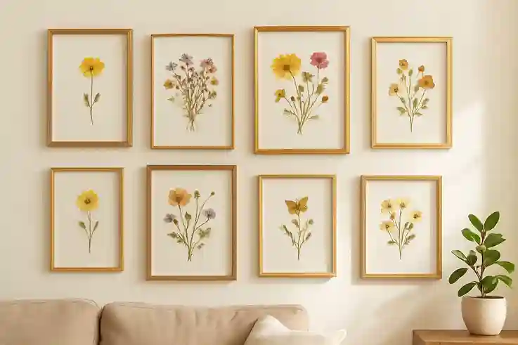 DIY Wall Decor with Pressed Flowers in Elegant Frames DIY wall decor using pressed flowers in clear glass frames with elegant, natural designs.