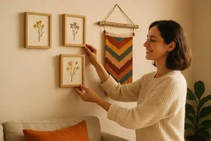 Person decorating a wall with DIY Wall Decor, including flowers, driftwood art, and fabric tapestry in a cozy living room.