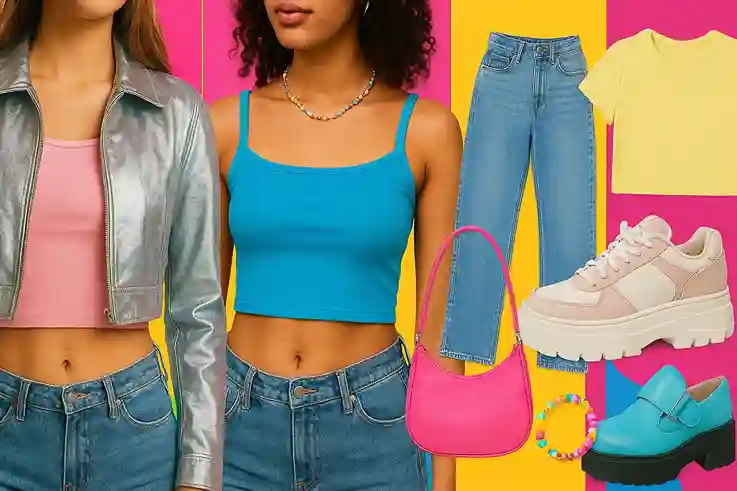 Defining Features of Y2K Fashion Iconic Styles and Accessories Collage of Y2K Fashion staples: metallic jackets, low-rise jeans, baby tees, crop tops, chunky sneakers, platform shoes, and playful accessories.