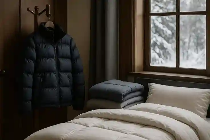 Down jacket and comforter showing maximum insulation as one of the best fabrics for cold weather